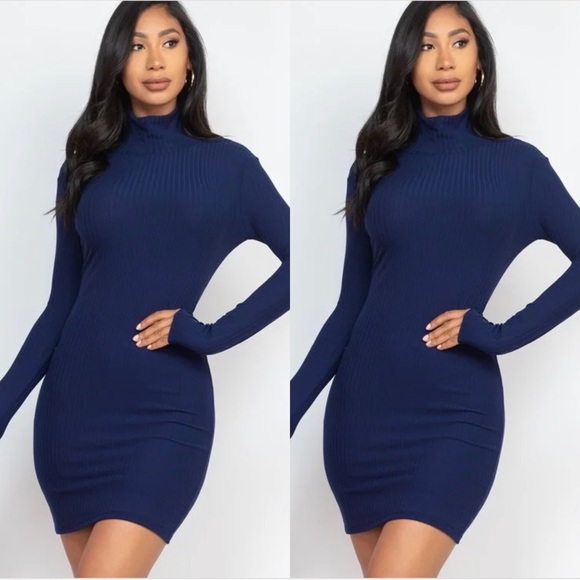 Dresses & Skirts - WOMEN’S NAVY BLUE LONG SLEEVE RIBBED MOCK NECK BODYCON MINI DRESS- 2X RESTOCKED!